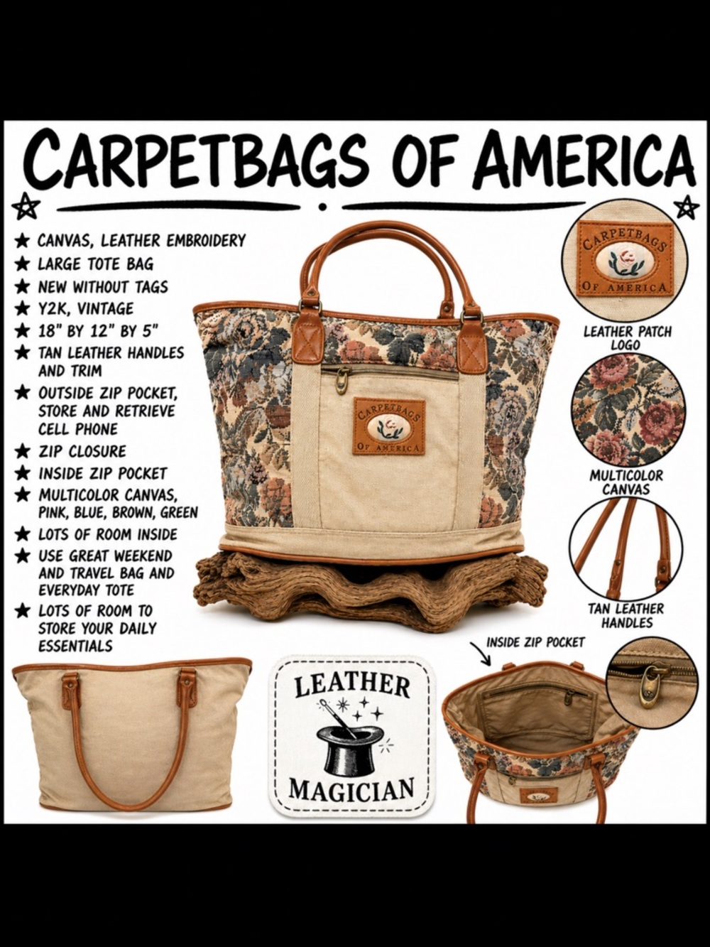 Carpetbags of America Floral Canvas Tote Leather Trim Large Y2K Bag 18x12x5 NWOT